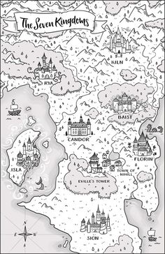 a black and white map of the seven knights, with lots of buildings on it