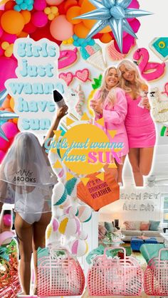 girls just wanna have sun, bachelorette decor ideas, balloons, charleston sc, basket bachelorette goodie bags, bach bags, beach ball decor, bride in swimsuit, beach bachelorette, orange pink and blue balloon arch, heart sunglasses, custom bachelorette cookies Girls Just Wanna Have Fun Bach Party, Party Themes Bachelorette, Bachelorette Party Luau, Golden Hour Bachelorette Party, Bachelorette Party Swimsuit Themes, Cabana Bachelorette Party, Bachelorette In Paradise Theme, Girls Just Wanna Have Sun Bach Party