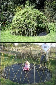 a child playing in a living willow play house made out of branches and sticks with text overlay that reads build a living willow playhouse