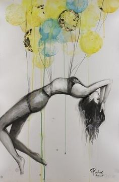 a drawing of a woman with balloons floating in the air over her head and body