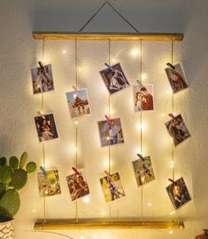 a wall hanging with pictures on it and lights strung from the strings above it, along with a potted cacti