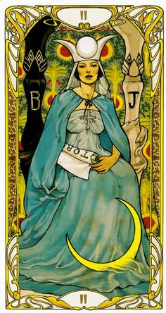 a tarot card with an image of a woman in blue