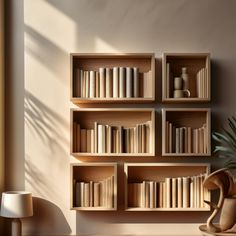 the bookshelf is made out of wood and has many different types of books on it