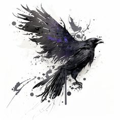 a painting of a black bird with purple eyes