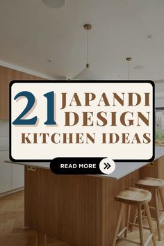 an open kitchen with wooden stools next to the counter top and island in front of it