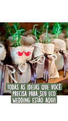 small bags filled with plants sitting on top of a wooden table next to each other