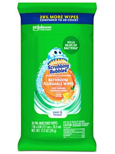 a bottle of scrubbing bubbles bathroom flushable wipes