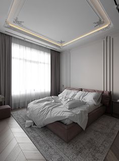 a large bed sitting on top of a wooden floor next to a window covered in curtains