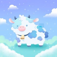 a cartoon cow standing in the clouds holding a piece of ice cream on it's nose