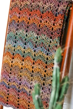 a crocheted blanket hanging from a wooden frame next to a cactus in a pot