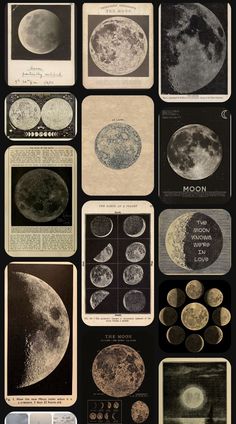 the moon and its phases are shown in black and white, as well as an image of