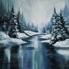 an oil painting of snow covered trees and a river in the foreground with water running through it