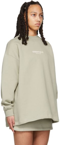 Long sleeve cotton-blend fleece sweatshirt in green. Logo flocked in off-white at front. · Rib knit crewneck collar and cuffs · Rubberized logo patch at back collar Please note that this item may not be shipped within the EU. Supplier color: Seafoam Alt Ideas, Essentials Sweatshirt, Barbie Sets, Crewneck Sweatshirt Women, Fear Of God Essentials, Kids Styles, Green Logo, Fear Of God, Clothing Essentials