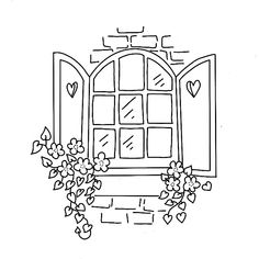 an image of a window with flowers and hearts on it's windowsills