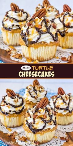 these mini turtle cheesecakes are topped with whipped cream, pecans and chocolate