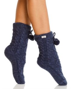 Ugg Pom-Pom Fleece Lined Socks Warm Cozy Socks, Cozy Warm Socks, Cozy Round Toe Winter Socks, Cozy Blue Socks For Fall, Casual Snug Blue Socks, Blue Fuzzy Socks, Cheap Cozy Blue Socks, Comfortable Blue Cozy Socks, Cozy Blue Socks