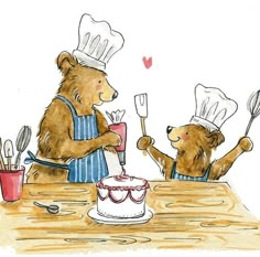 two teddy bears in chef hats and aprons holding utensils near a cake