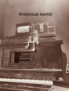 an old piano with a stuffed animal sitting on it's top and the caption that reads intelectual kermiit