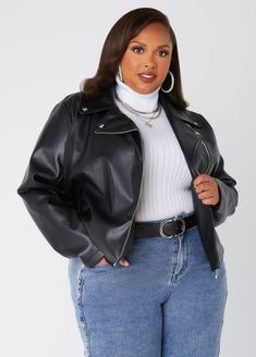 Step into fall in classic cool fashion wearing our moto jacket crafted from lush faux leather with a chic asymmetric zipper. Plus Size Moto Jacket Outfit, Leather Jacket Plus Size, Moto Jacket Outfit, Cool Fashion, Faux Leather Moto Jacket, Ashley Stewart, Faux Leather Jacket, Warm Jacket, Leather Moto