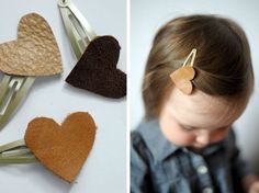 two pictures side by side, one with hair clips in the shape of hearts and the other with felt hearts on them