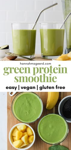 green protein smoothie with bananas, avocado and other ingredients on a cutting board