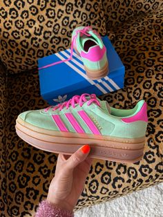 Green And Pink Gazelle, Colourful Adidas Shoes, Colorful Adidas Shoes, Platform Gazelle Adidas, Gazelle Adidas Platform, Pink And Green Gazelles, Adidas Gazelle Bold Pink Outfit, Adidas Gazelle Bold Outfit, Gazelle Bold Outfit