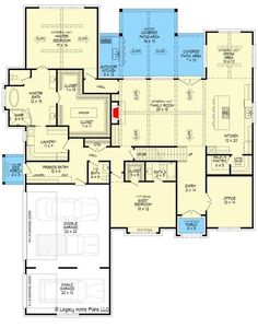 This 5-bed, 4.5 bath house plan has a painted brick exterior and gives you 4,962 square feet of heated living and a 3-car side entry garage (815 square feet). A home office sits behind French doors off the foyer which leads to the 2-story family room. A pair of French doors - aligned with the ones in the foyer - take you to the covered patio in back which has an outdoor kitchen. The master suite is on the main floor and has a roomy 2-person walk-in closet and direct access to the laundry room, a Master Suite Outdoor Patio, Painted Brick Exterior, Cottage Blueprints, Side Entry Garage, Brick House Plans, Master Remodel, Multigenerational House Plans, Multigenerational House, Painted Brick House