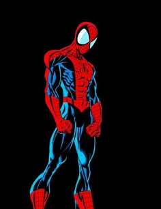 a spider man standing in front of a black background