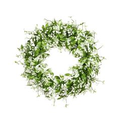 a green wreath with white flowers and greenery on the front, isolated against a white background