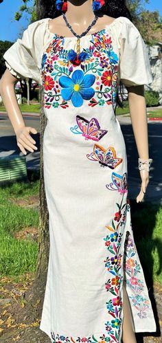 Check out Mexican Artisan Beige Maxi Dress: Embroidered Flowers & Butterflies Side Slit, the latest item I added on eBay! #eBay #eBaySeller Mexican Girl Dress, Aztec Clothing, Beige Maxi Dress, Mexican Embroidered Dress, Multicolor Flowers, Mexican Outfit, Mexican Girl, Mexican Dresses, Tile Murals