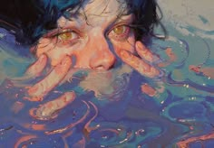 a painting of a woman with her hands on her face and eyes submerged in water