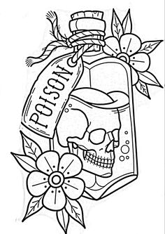 a bottle with a skull on it and flowers around the neck, in black and white