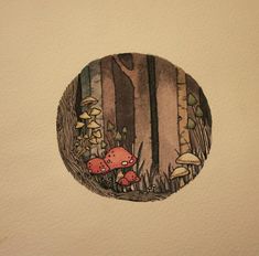 a painting of mushrooms and trees in the woods