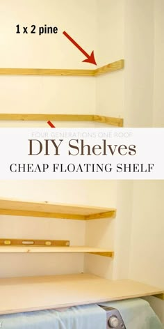 the diy shelving shelf is shown with text overlay