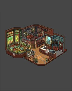 a drawing of a living room and kitchen in the style of an old - fashioned house