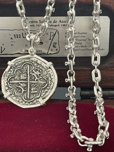 "Heavy Atocha shipwreck silver coin pendant with heavy 925 sterling silver shackle chain 24\" long Pendant is handmade from atocha silver bars and it comes with the certificate Chain is handmade with real 925 sterling silver" Key West Fl, Shipwreck, Silver Coin, Silver Bars, Long Pendant, Coin Pendant, Silver Coins, Key West, Sterling Silber