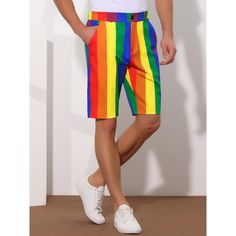 Striped shorts are a fashionable and playful piece of clothing if you want to try a unique pattern. Rainbow striped shorts are perfect for wearing in summer to create a charming image. Pair contrasting striped shorts with a rainbow-striped shirt for a casual look. Rainbow-striped shorts are suitable for daily wear, sports, parties, vacations, etc. Multicolor Cotton Swim Trunks For Summer, Playful Short Swim Trunks For Spring, Blue Vertical Stripes Bottoms For Summer, Casual Multicolor Shorts For Summer, Striped Cotton Swim Trunks For Beach Season, Summer Striped High-waisted Jean Shorts, Striped High-waisted Jean Shorts For Summer, Striped Shorts For Summer, Striped Cotton Bottoms For Summer