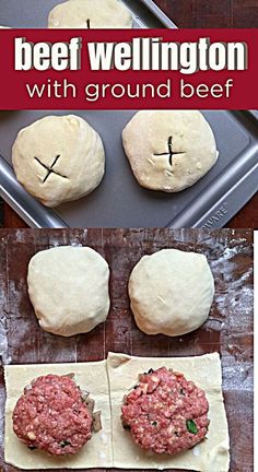 the cover of beef wellington with ground beef on parchment paper and pastries in buns