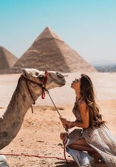 a woman sitting on the ground next to a camel in front of pyramids,