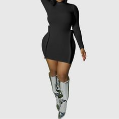 Long Sleeved High Neck Dress * You Can Pair This Sexy Dress With Some Cute Boots Or Classy Heels. * Hand Wash * Material: 95% Polyester & 5 % Spandex * Colors Available: Black & Orange Club Outfits Dresses, Long Sleeve High Neck Dress, Classy Heels, Ruffle Long Sleeve Dress, Dress High Neck, Outfits Dresses, Casual Tanks, Women Bodycon Dress, Mini Sundress