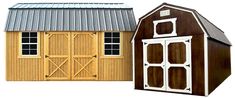 two different types of barns with windows and doors on each side, one in the same color