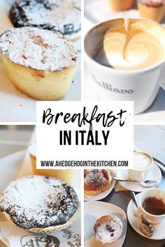 breakfast in italy collage with coffee, pastry and doughnuts on white plates