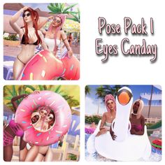 three pictures of two women in bikinis and one has a pink donut float