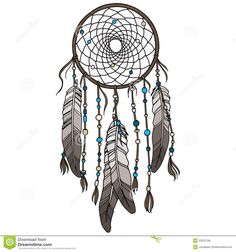 a drawing of a dream catcher with feathers and beads on it's side,