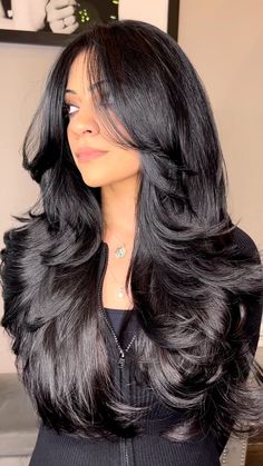 Butterfly Haircut Long Black Hair, Long Layered Haircuts For Long Hair, Black Hair Butterfly Haircut, Long Bangs Black Hair, Face Bangs Long Hair, Layered Hair Cuts Long Hair, Layered Haircut On Long Hair, Long Bangs Long Hair Layered Haircuts