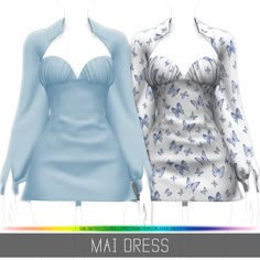 two women's dresses with butterfly print on them, one in blue and the other in white