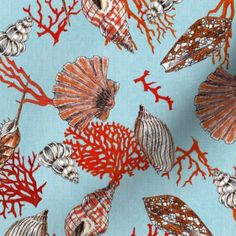 a blue background with red corals and sea shells