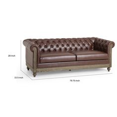 a brown leather couch with measurements for the seat and back side, on a white background