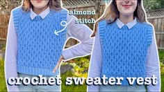 two girls wearing blue sweater vests and white shirts with the words crochet sweater vest