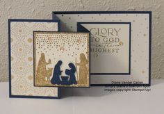 two cards with the words glory to god and an image of three people in silhouette